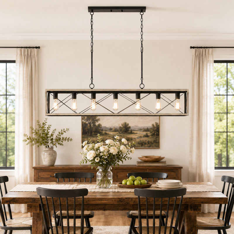 Lustre linéaire pour îlot de cuisine à intensité variable Evys, Bois flotté, 7, 109" H x 48" W x 7.87" D