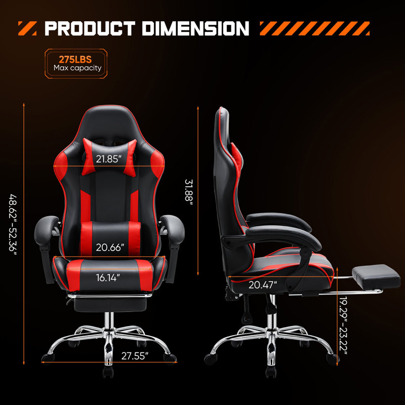 Chaise de bureau de jeu vidéo - ordinateur ergonomique avec repose-pieds et soutien lombaire confortable, fauteuil inclinable en cuir PU avec appui-tête, accoudoir fixe, hauteur réglable avec pivotement sur 360 °, pour adultes