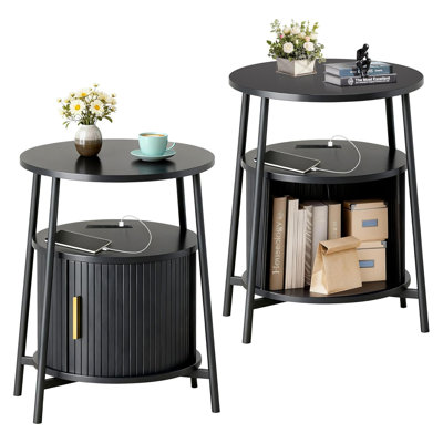 End Tables Set Of 2 & Charging Station, Fluted Accent Side Table With Sliding Door, Mid-century Modern Nightstand Set Of 2 For Small Space, Living Room, Bedroom Sofa Couch