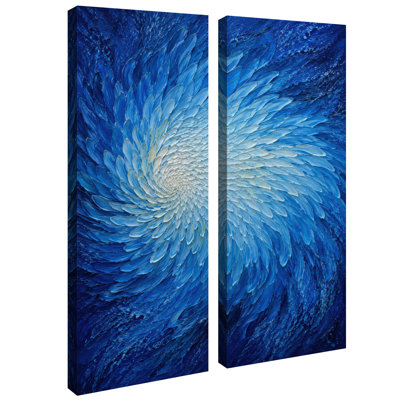 Cobalt Blue Spiral Petal Abstract Floral Modern Decor – Set of 2 Wall Art Print on Canvas 32"x12"x2