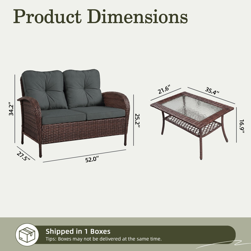 Outdoor Wicker Loveseat With Coffee Table And Cushions, Gray