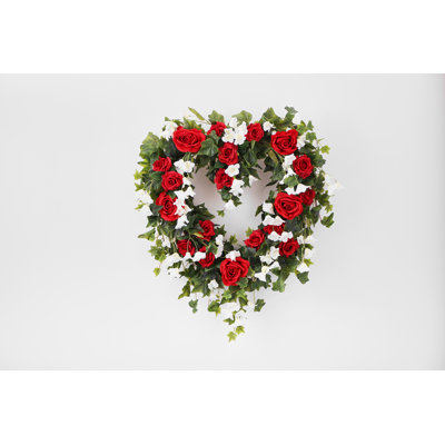 Red Rose, White Bellflower & Ivy Valentine’s Day Heart Wreath