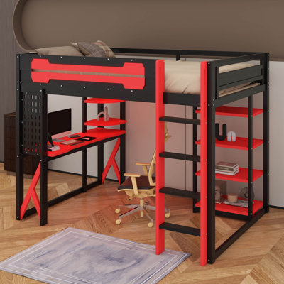 Wood Loft Bed With LED, Desk And Shelves, Gaming Loft Bed With Power Outlet & USB/Type-C Ports, Storage Shelves