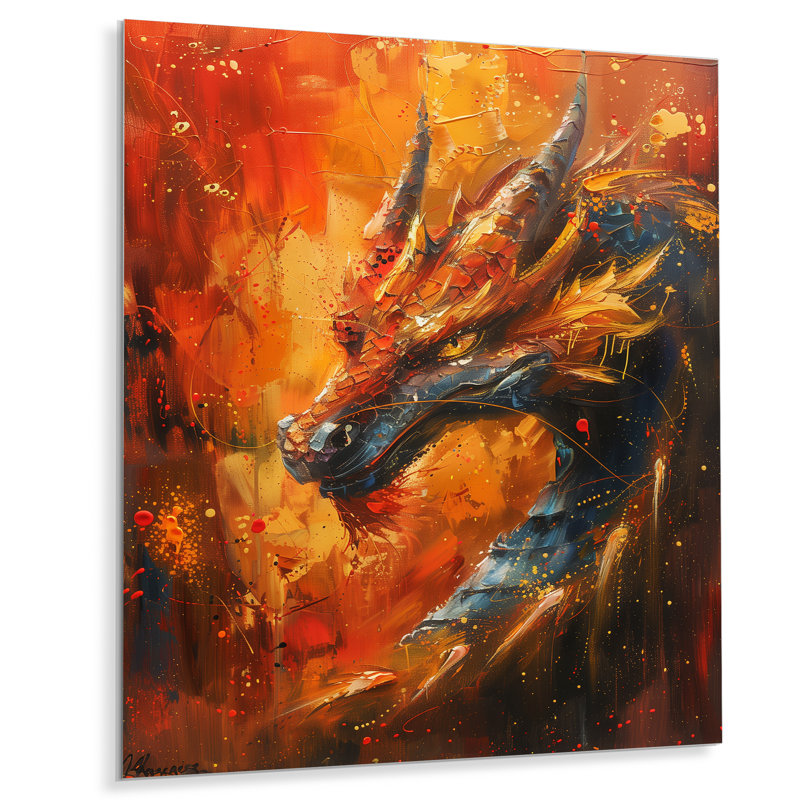  «Orange, jaune, braises, dragon I - Dragons», reproduction d'art murale, Métal métal, H 44 po x l 34 po x P 1,5 po