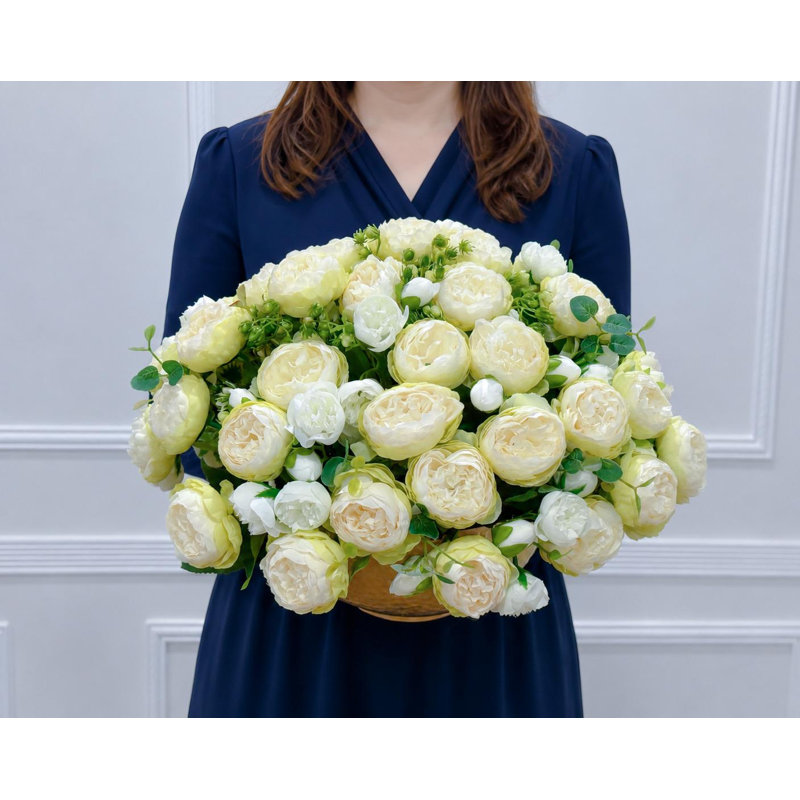 Faux White/Green Ombre Peony Centerpiece: French Country Gold Vase Arrangement