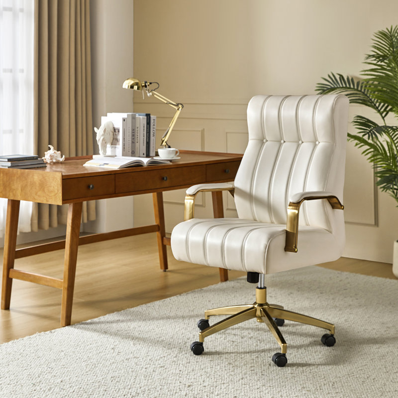 Leipzig 47'' H Mid-century Modern Leather Ergonomic Executive Chair with Tufted and High Back, Ivory Faux Leather