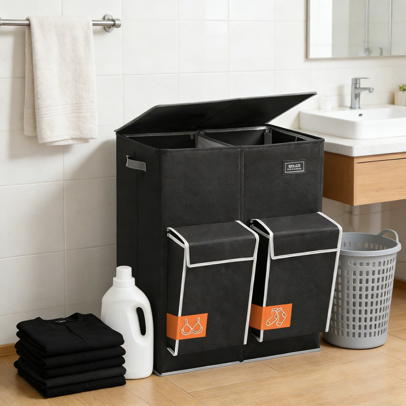 Double Laundry Hamper With Lid And Removable Bags, 180L Large Capacity 2-Section Laundry Sorter Basket With Side Pockets For Easy Sorting And Carrying