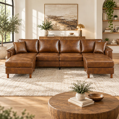 Canapé d'angle en forme de U de 305 cm (120 po) avec 2 poufs de rangement amovibles, revêtement en cuir PU et ressorts ensachés, brun vintage