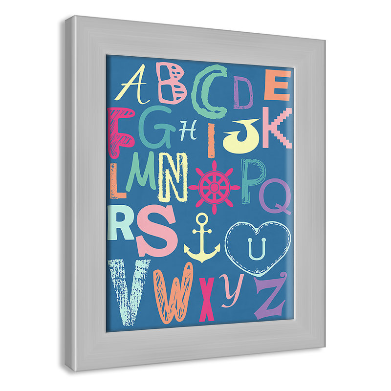 Alphabet imprimé sur papier, H 10 po x l 8 po x P 0,6 po, Encadré plat argent