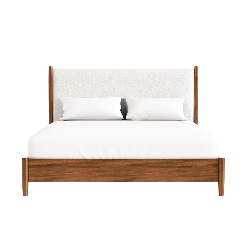 Lit très grand tapissier Boucle avec pieds ronds fuselés en noyer et beige