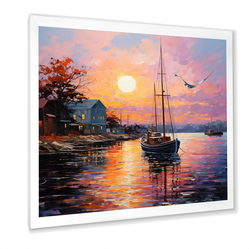 Port Portside Harmony Pointillism - reproduction sur toile, H 30 po x l 30 po x P 1 po, Cadre simple blanc