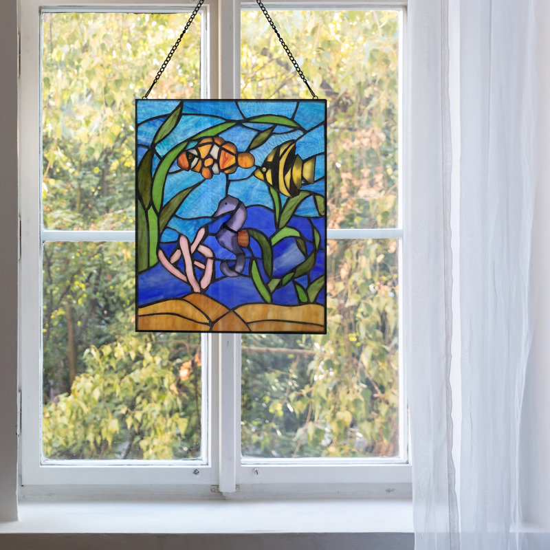14"H Underwater Ocean Scene Stained Glass Window Panel