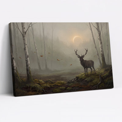 Art mural sur toile Stag in Misty Birch Forest with Falling Leaves