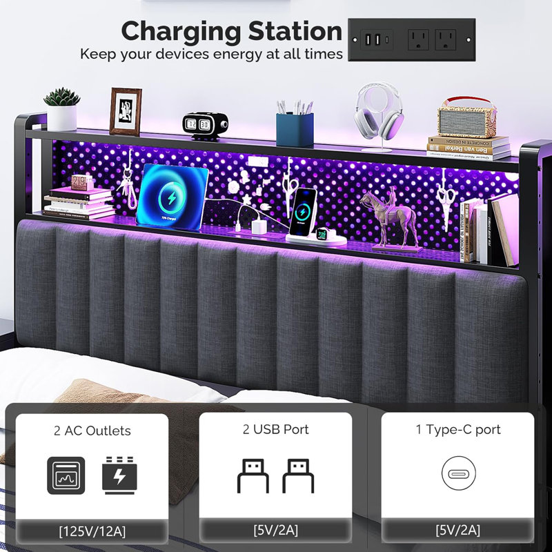 King Size Headboard, Adjustable Upholstered Headboard With 2 Tier Shelves And Pegboard With Charging Stations And LED Lights, Modern Bed Headboard With Storage Linen And Dark Gray