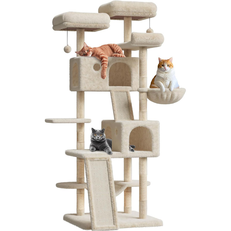 Grand arbre à chat 66 po multi-niveaux, tour à chat robuste, Beige
