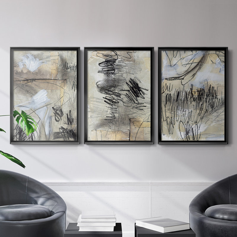 " Masked Notes I " 3 Piece Art Acrylic Painting, 30.5" H x 45" W x 2.5" D, Black Framed