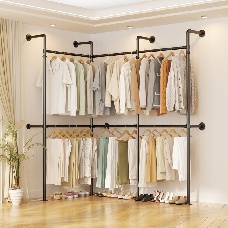 Industrial Pipe Clothing Rack, Heavy Duty Garment Rack, Corner L Shaped Walk-In Closet System, Wall Mounted Closet Wardrobe