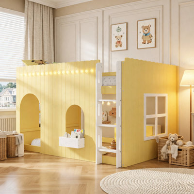 Full Size Kids Loft Bed with Warm LED Light String