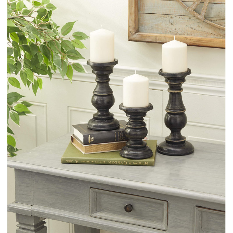 Mango Wood Turned Style Pillar Candle Holders (Set of 3), Black