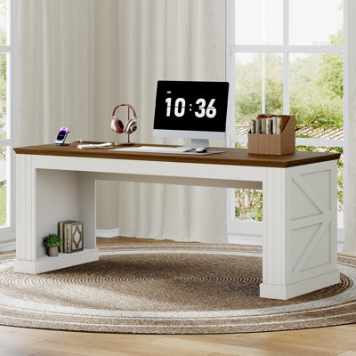 Bureau de direction 63 pouces Farmhouse, bureau d'ordinateur long avec station de charge intégrée et rangement inférieur, bureau d'écriture pour bureau à domicile