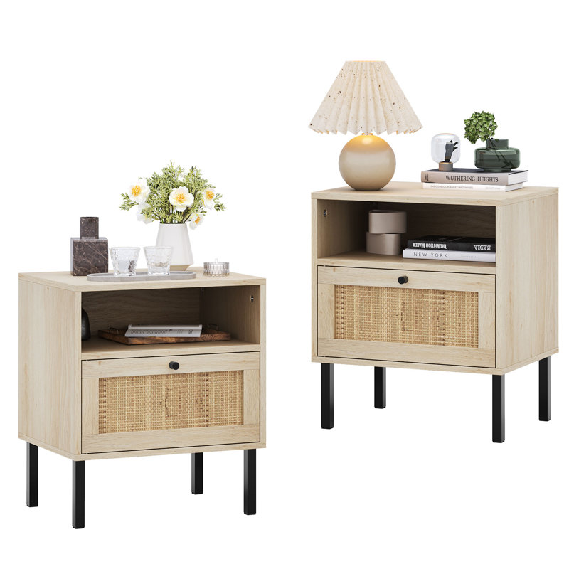Aimara Rectangular Nightstand with Rattan Door, Natural, Set of 2