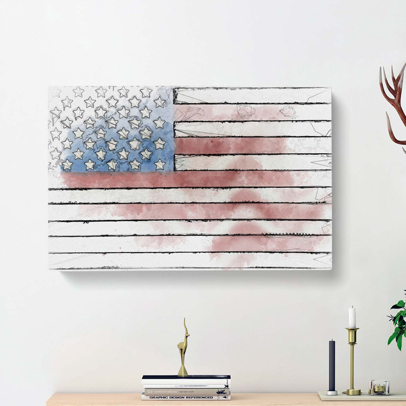 Painted American Flag in Abstract - Wrapped Canvas Drawing Print, 60cm H x 91cm W x 3cm D