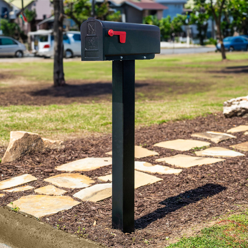 Mailbox Post and Mount | Galvanized Powder-Coated Steel Post and Universal Mounting Plate For Mailbox | Black (Mailbox not included)