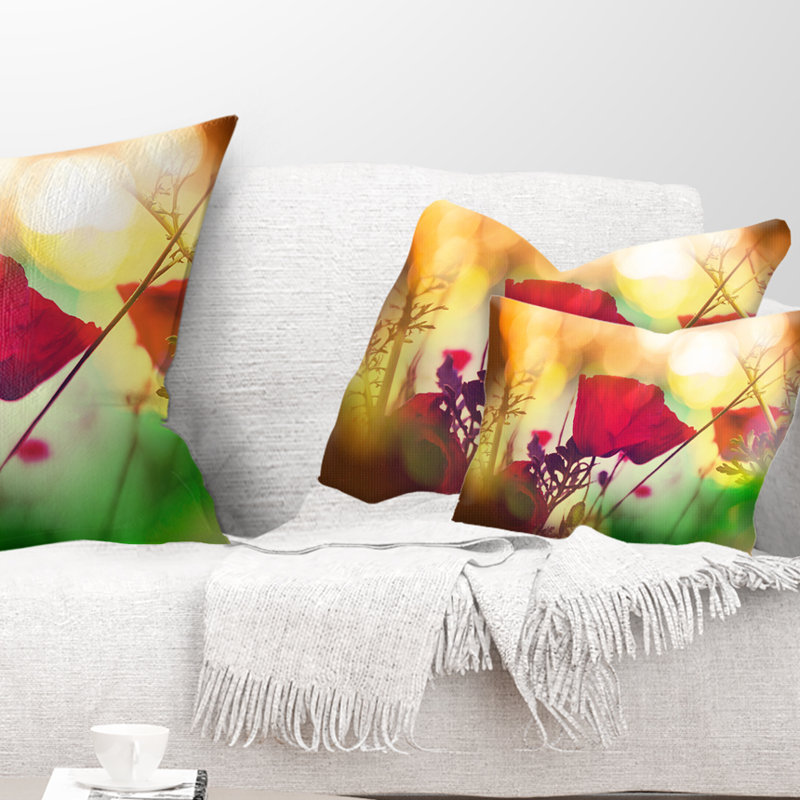 Fleurs de coquelicot avec fond bokeh - Coussin décoratif à imprimé floral, 12 po x 20 po, Rectangulaire