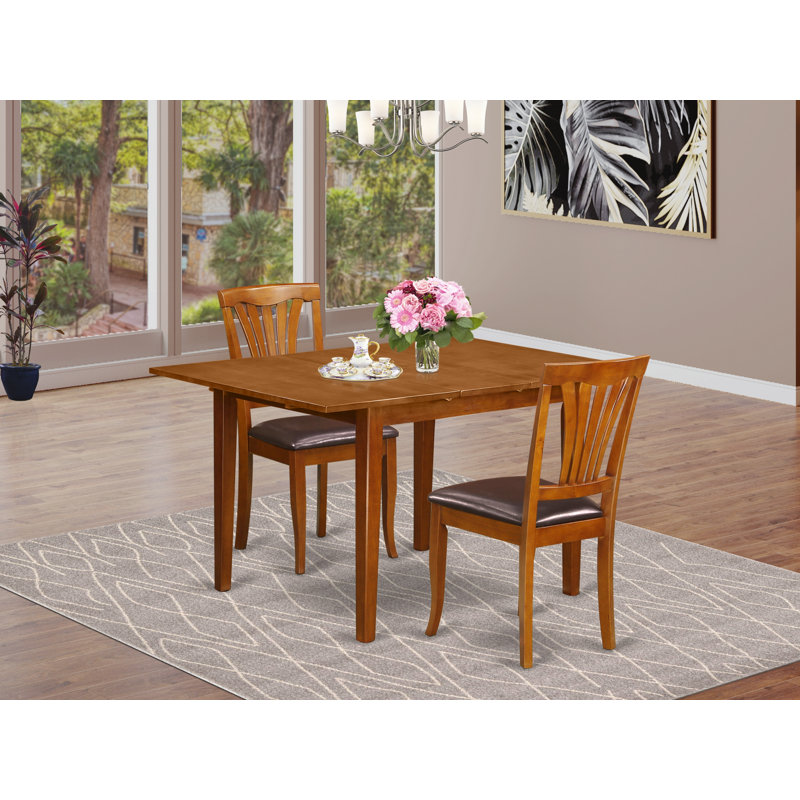 3 Piece Dining Room Table Set Contains a Rectangle Wooden Table with Butterfly Leaf and 2 Faux Leather Kitchen Dining Chairs, Saddle Brown