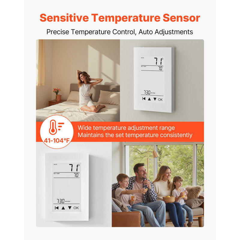 7-Day Programmable Thermostat, Home Thermostats For Radiant Underfloor Heating Cable, Heat Pump, With GFCI And Sensitive Sensor, LCD Touchscreen, Energy-Efficient, White (Without Wifi)