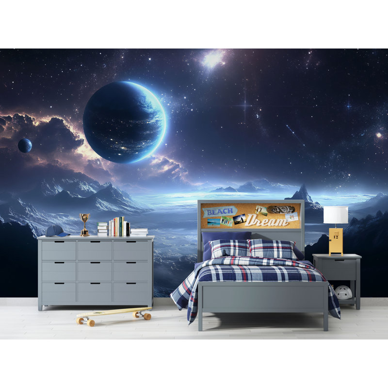 Murale planète cosmique bleue - Papier peint galaxie pour chambre d'enfant (Peel-N-Stick), L 75 po x l 50 po