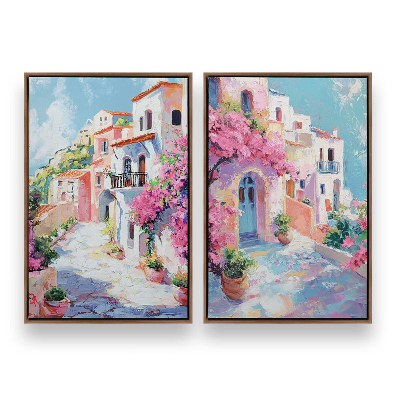 Ensemble de 2 impressions Amalfi Blooming Pathway, Cadre flottant noyer, 36 po x 24 po