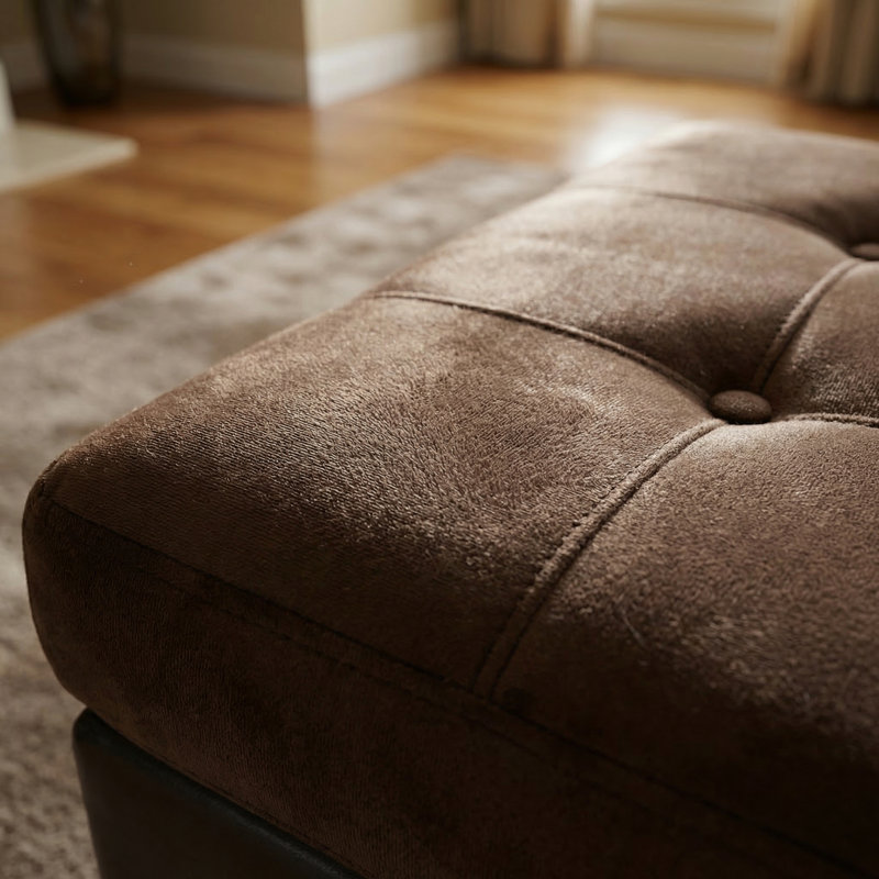 Brown Storage Ottoman | Flannel & Faux Leather | X-Stitching | Solid Wood