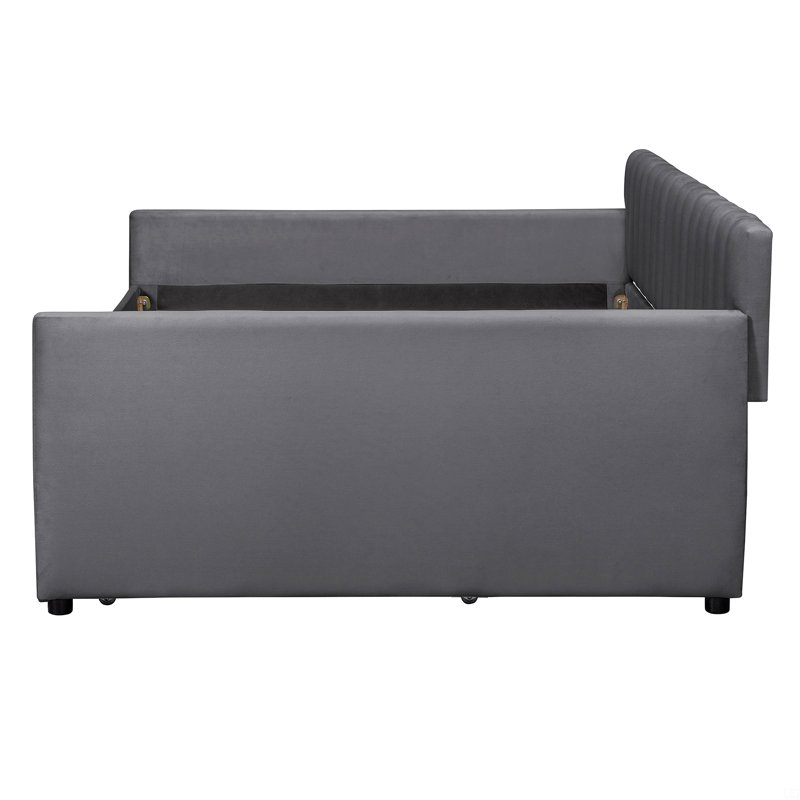 Full Size Upholstered Daybed With Trundle And Wood Slat Support, Gray