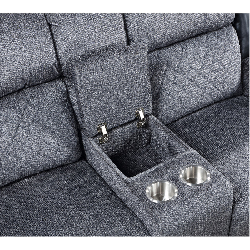 Causeuse inclinable transitionnelle avec console, tissu gris, mélange de tissu et de cuir, faux dossier au centre