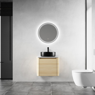 Meuble-lavabo mural de 61 cm (24 po) comprenant un lavabo en céramique artistique, des charnières à fermeture douce, une poignée à bord incliné à 45°, un meuble-lavabo en contreplaqué, une dalle en pierre blanche, un style moderne et un confort optimal.