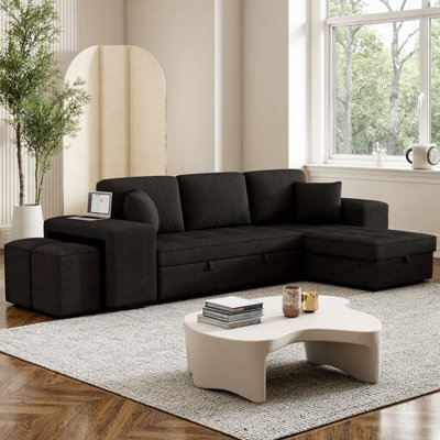 104.5" L-Shape Reversible Sectional Sofa Bed – Pull Out Sleeper Couch with Storage Chaise & 2 Stools – Cream Chenille 3-Seat Convertible Sectional for Living Room, Apartment – Left/Right Configurable