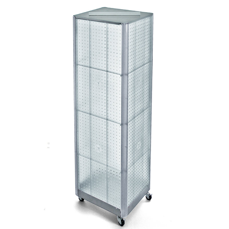 Présentoir de plancher à quatre côtés en équerre sur base à roulettes. Taille du panneau: l 16 po x H 64,25 po