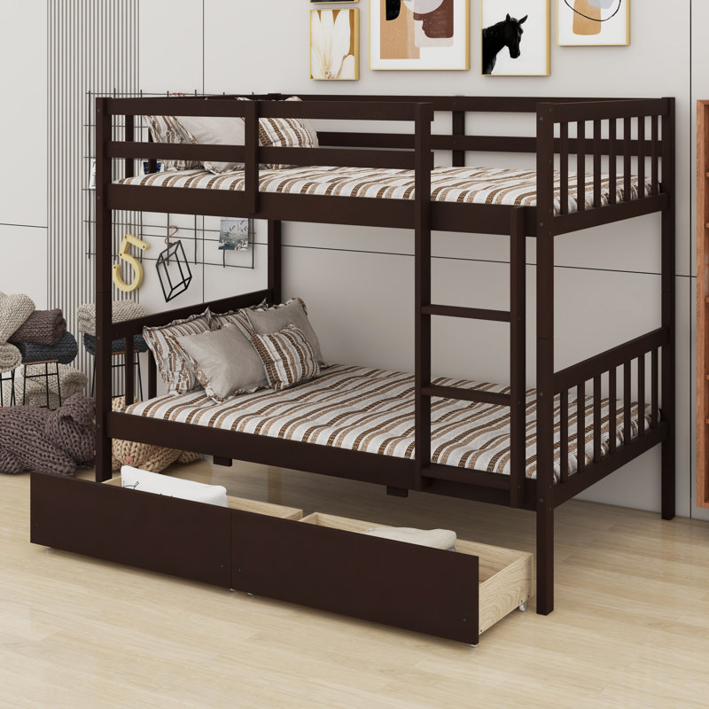 Bunk Bed With Drawers, Convertible Into Beds,  Ladder And Safety Guardrails, Espresso