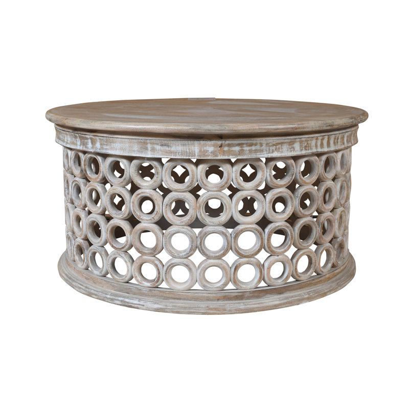 Classic Distressed Solid Wood Handmade Drum Coffee Table