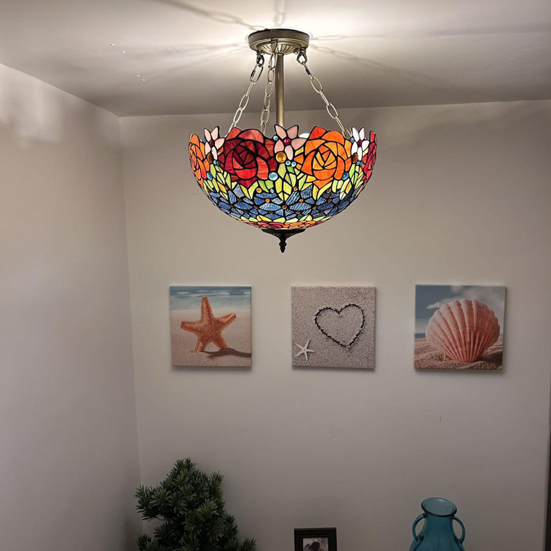 Tiffany Glass Flush Mount, Blue/Red/Orange