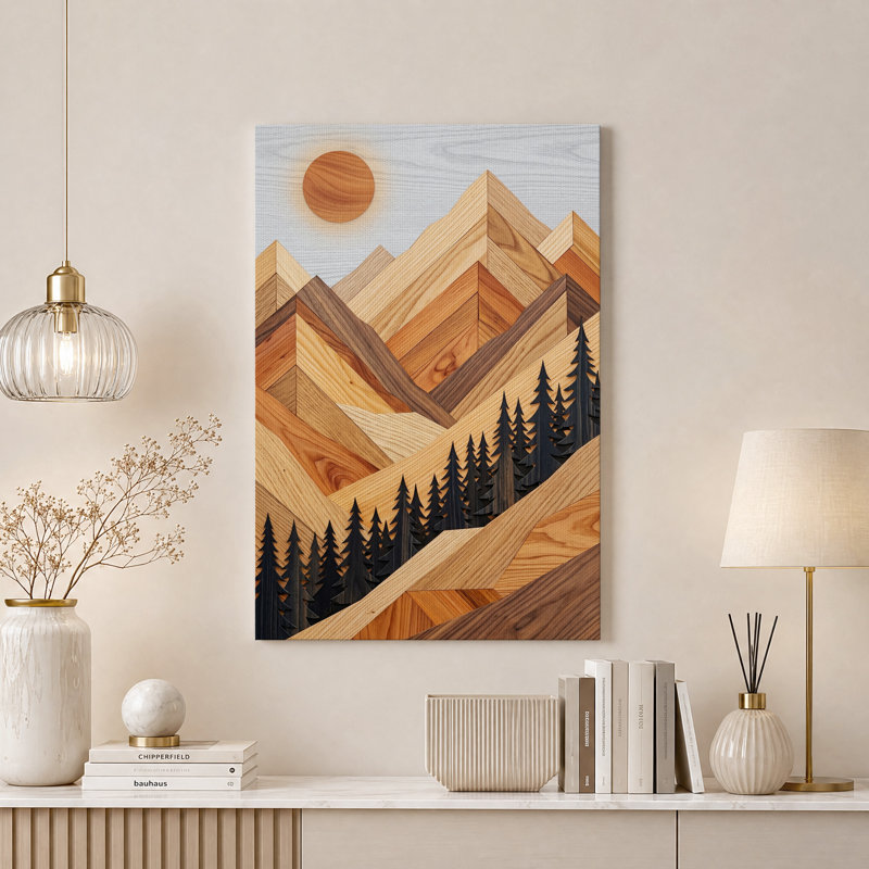 Tableau sur toile représentant un paysage géométrique de montagne en bois avec des pins, H 48 po x l 36 po