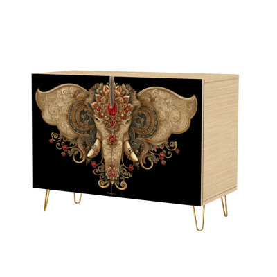 Sideboard Buffet Cabinet with Storage Ornate Elephant Head Gold Red Jewels Intricate Decorative with 2 Doors for Living Room and Kitchen