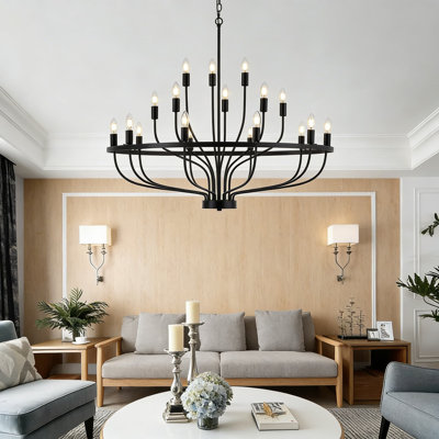 Lustre industriel noir avec 18 lumières de style bougie, grand luminaire rustique rétro de 39,4 pouces pour la salle à manger, l'îlot de cuisine et le salon