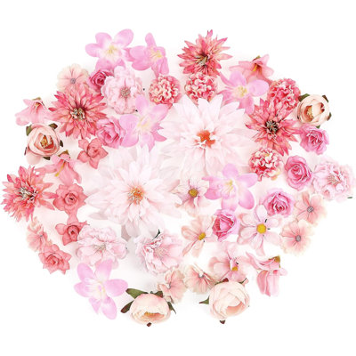 48 Pack Pink Artificial Flower Heads, Assorted 11 Styles Silk Stemless Faux Flowers for Wreath Cake Wedding DIY Craft Decor
