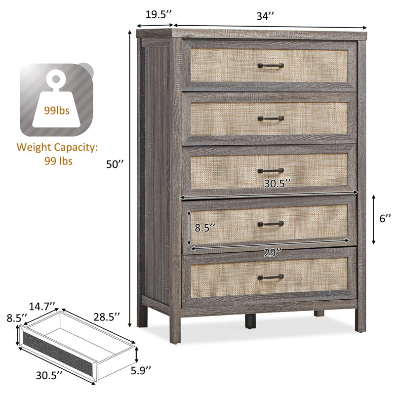 Commode 5 tiroirs Armie, Chêne foncé