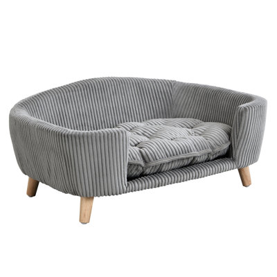 Small Dog's Elevated Bed In Grey Corduroy With Rubber Wood Legs, 11 - 25 Lbs Modern Style, Quick Assembly Pet For Breeds  11 Lbs  Legs Supportive And Stylish, Simple Setup