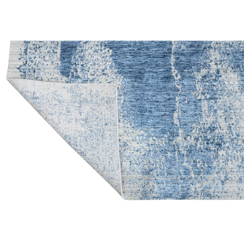 Tapis argent / bleu noué à la main de haute qualité, Rectangle 8 pi x 10 pi