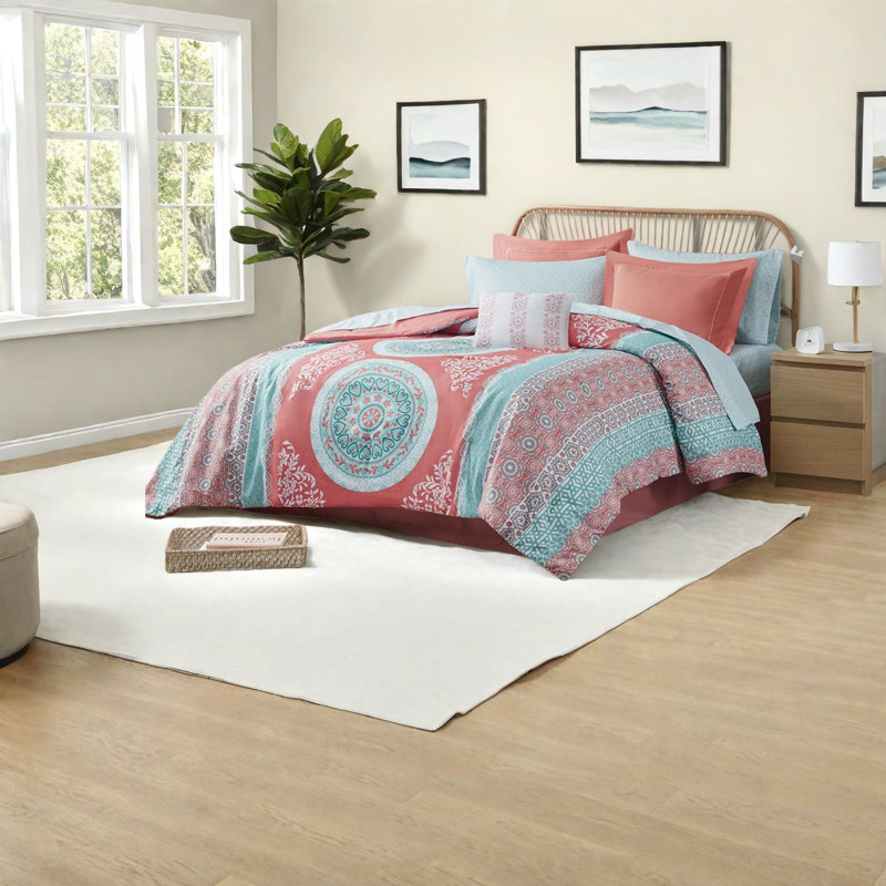 Boho Bedding Set With Soft Polyester, Coral Medallion Design For Home Decor