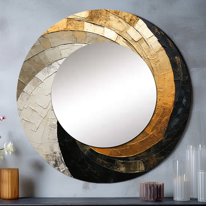 Beige Spiral Poteries I - miroir mural abstrait en spirale, miroir décoratif rond moderne, impression d'art en métal